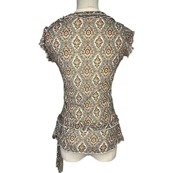 DKNY Women’s Petite Small V-Neck Top Brown Teal Ruffle Tie Y2K - Picture 5 of 7